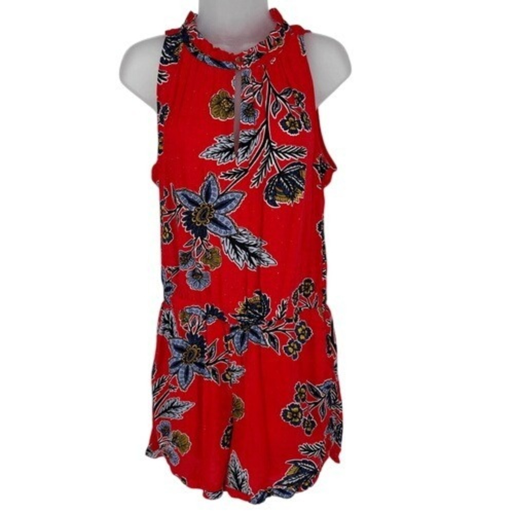 LOFT Petites Red Floral Ruffle Neck Sleeveless Romper Size SP - Picture 2 of 15